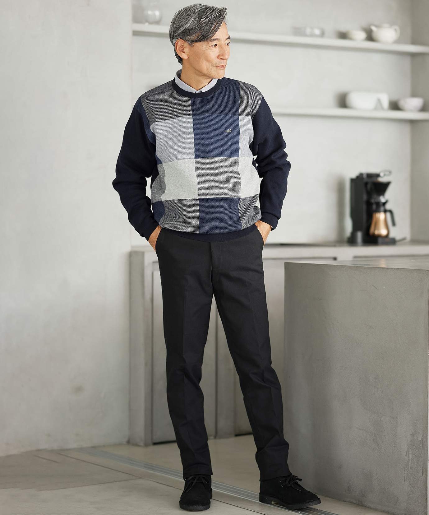 メンズ カシミヤブレンド ブロックチェック ニット【手洗いOK】通販 メンズ カシミヤブレンド ブロックチェック ニット【手洗いOK】通販