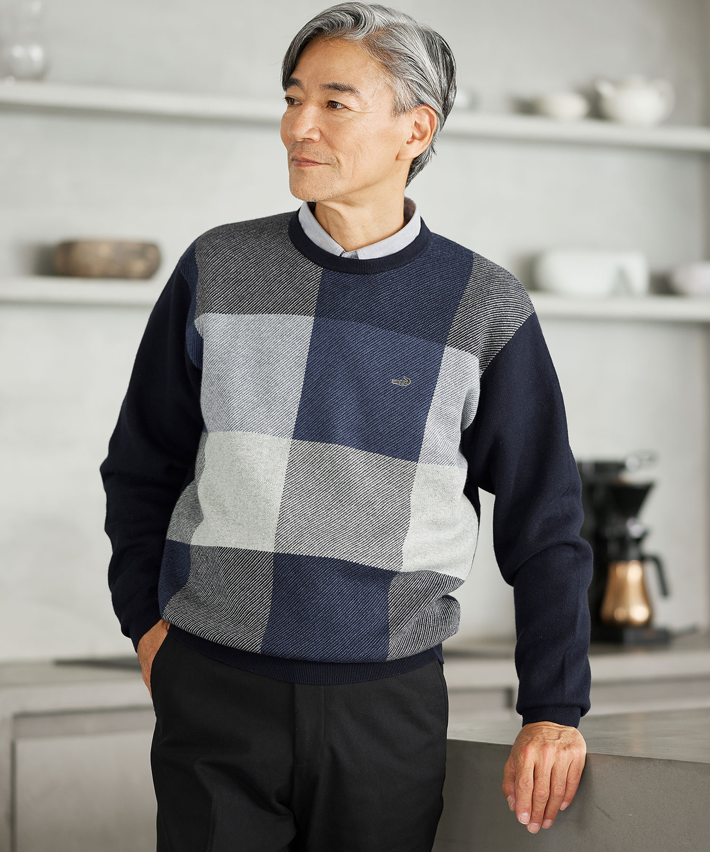 メンズ カシミヤブレンド ブロックチェック ニット【手洗いOK】通販