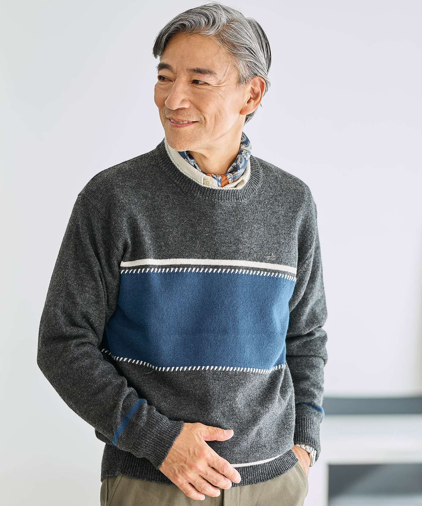 メンズ ウールブレンド ワイドボーダー ニット 【手洗いOK】通販 [1603