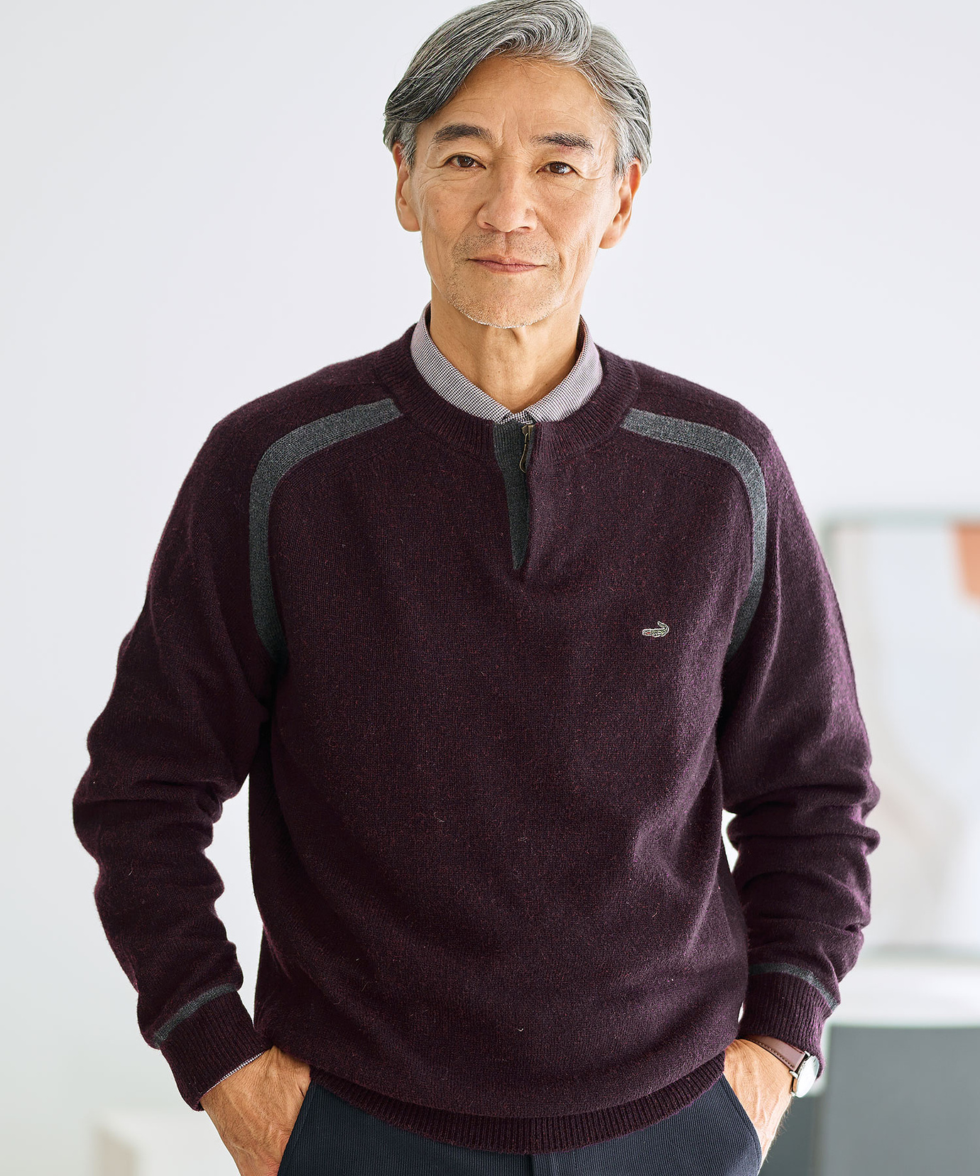 メンズ ウールブレンド ヘンリーネック ニット【手洗いOK】通販 [1603