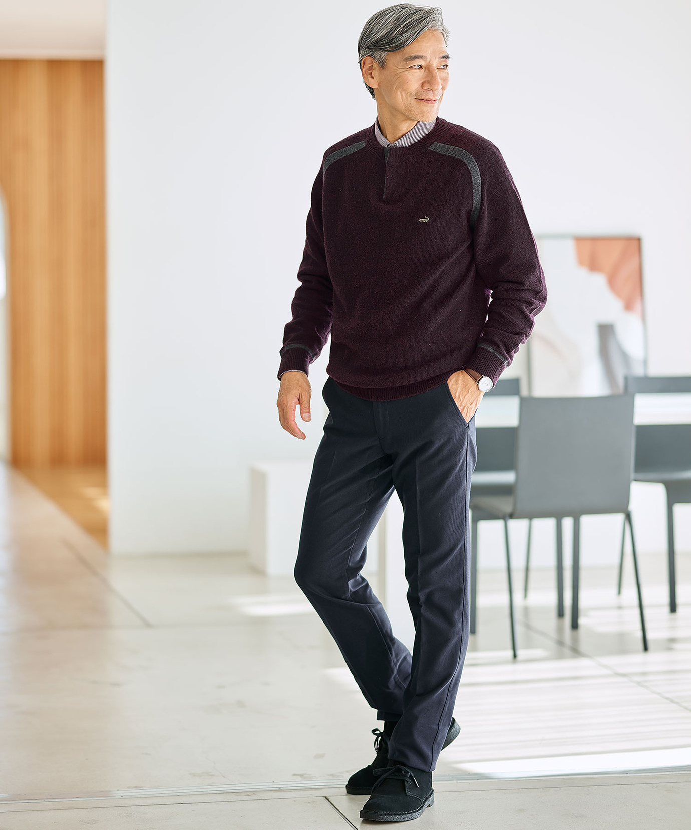 メンズ ウールブレンド ヘンリーネック ニット【手洗いOK】通販 [1603