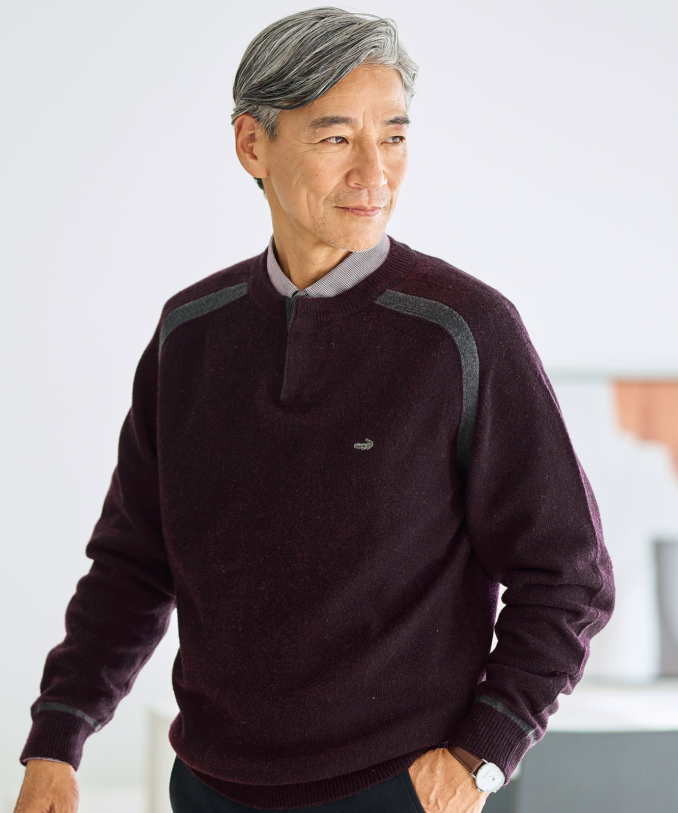 メンズ ウールブレンド ヘンリーネック ニット【手洗いOK】通販 [1603