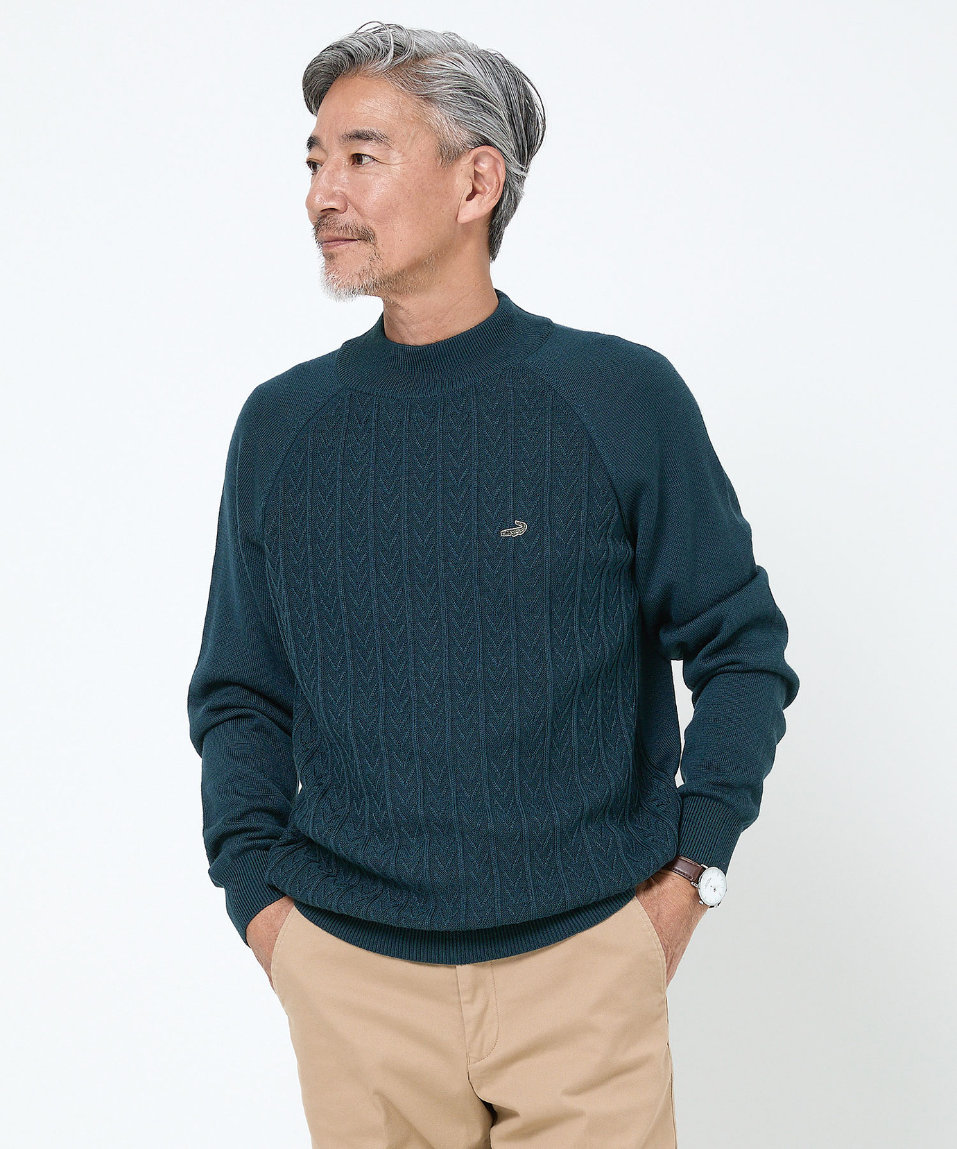 メンズ ウールブレンド ケーブル柄 モックネック ニット【手洗いOK