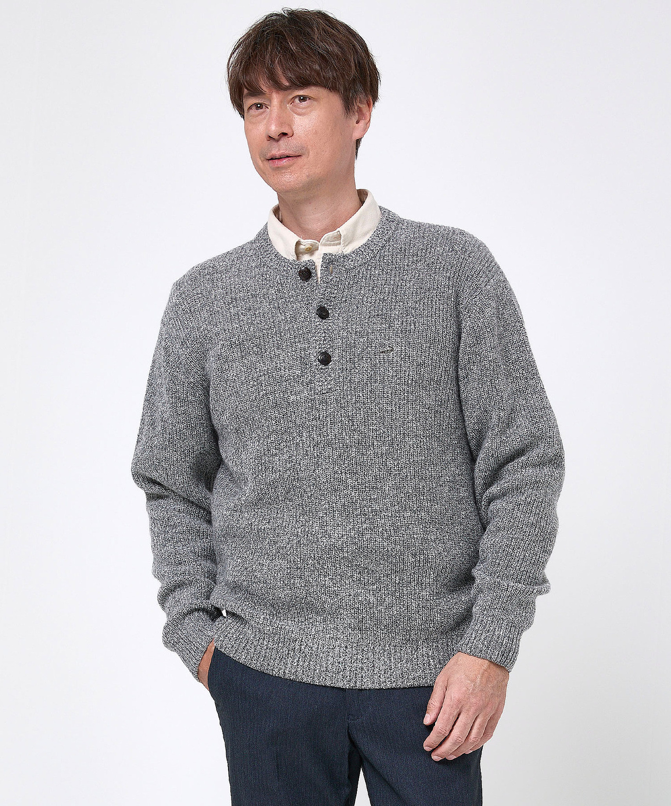 メンズ ウールブレンド ヘンリーネック ニット【手洗いOK】通販 [1603
