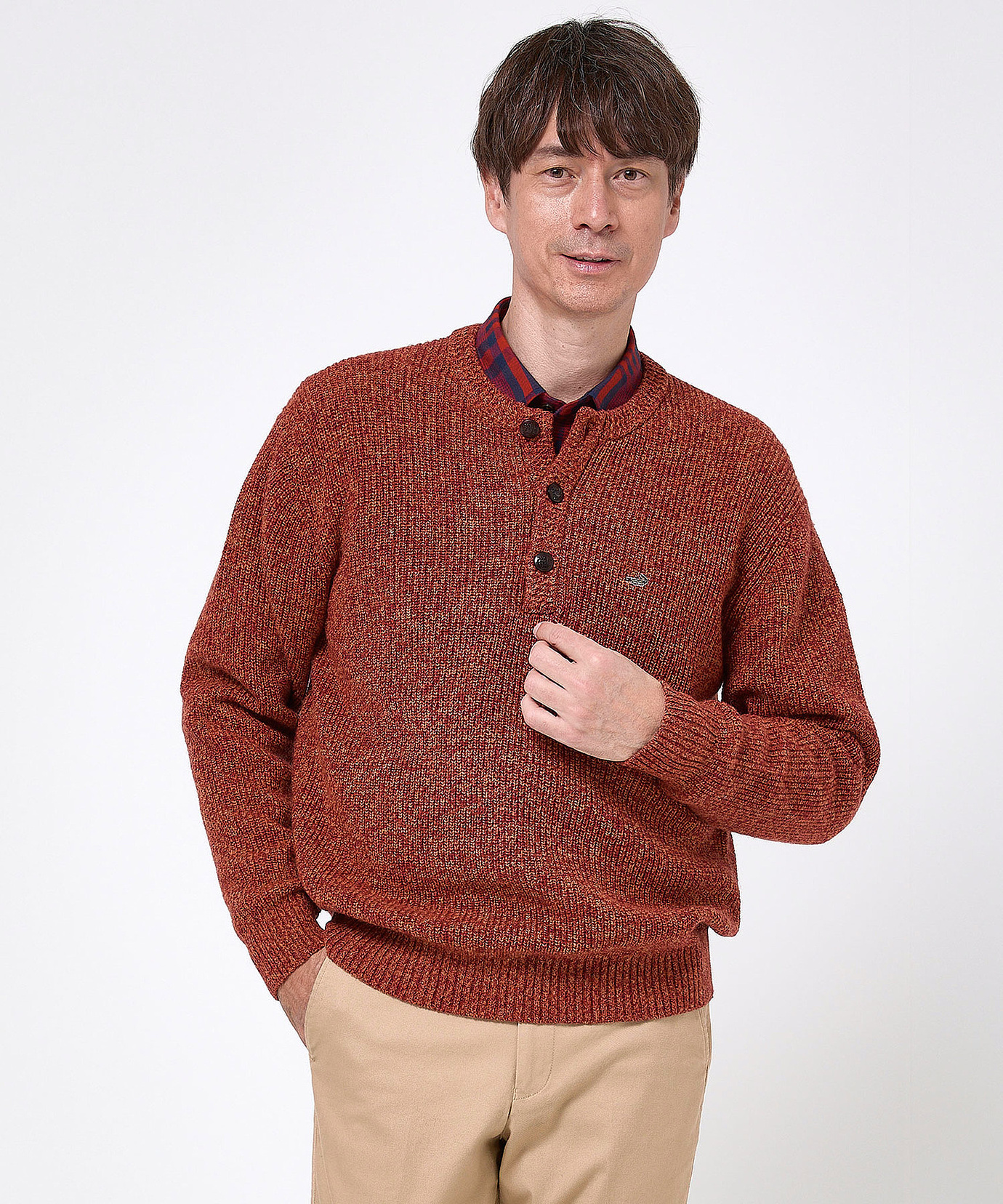 メンズ ウールブレンド ヘンリーネック ニット【手洗いOK】通販 [1603