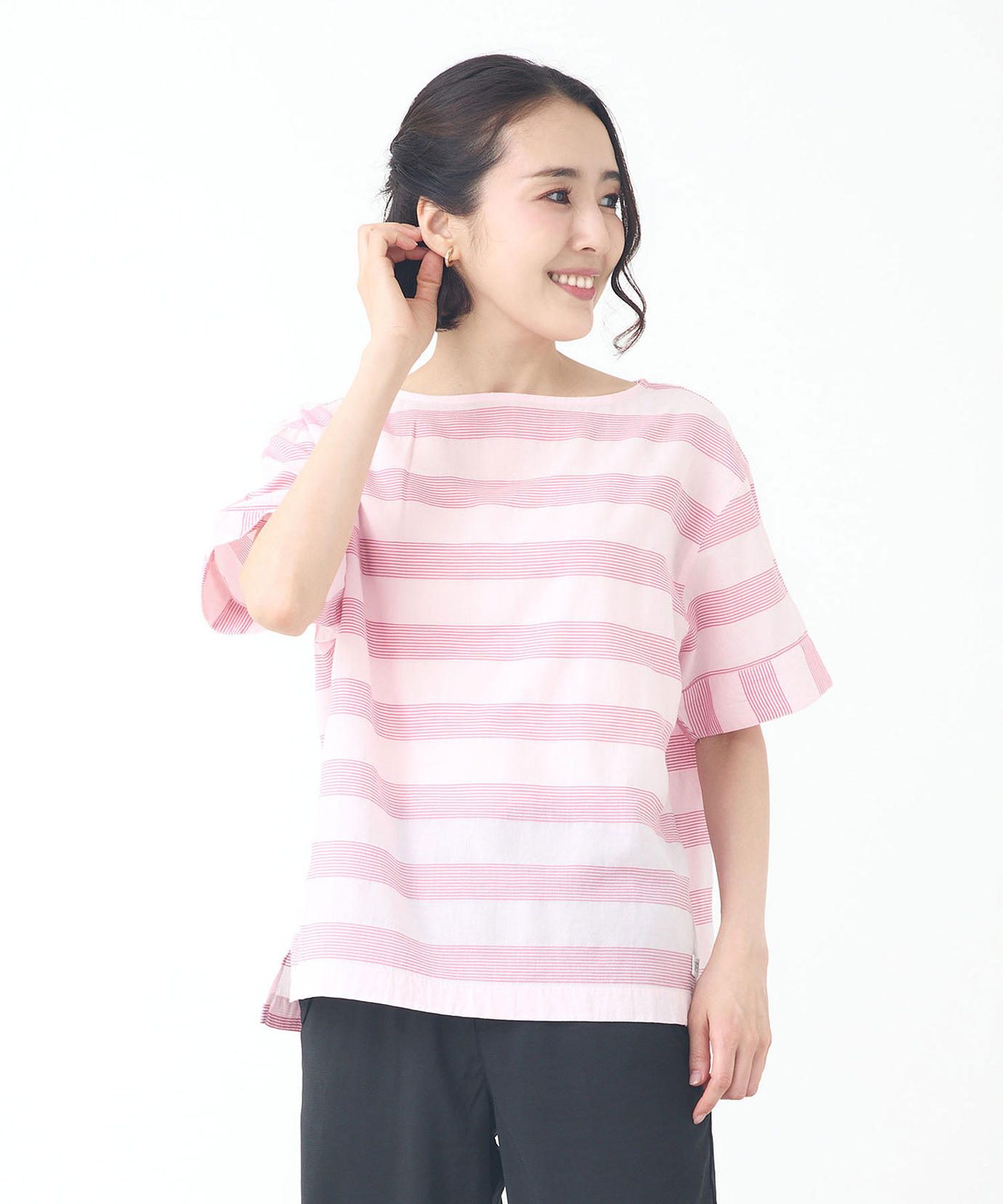 ボーダーズアットバルコニー スモック ブラウス ピンク ギャザー 38 レディース スノーコットン ボーダー ブラウス【接触冷感】通販 [2001