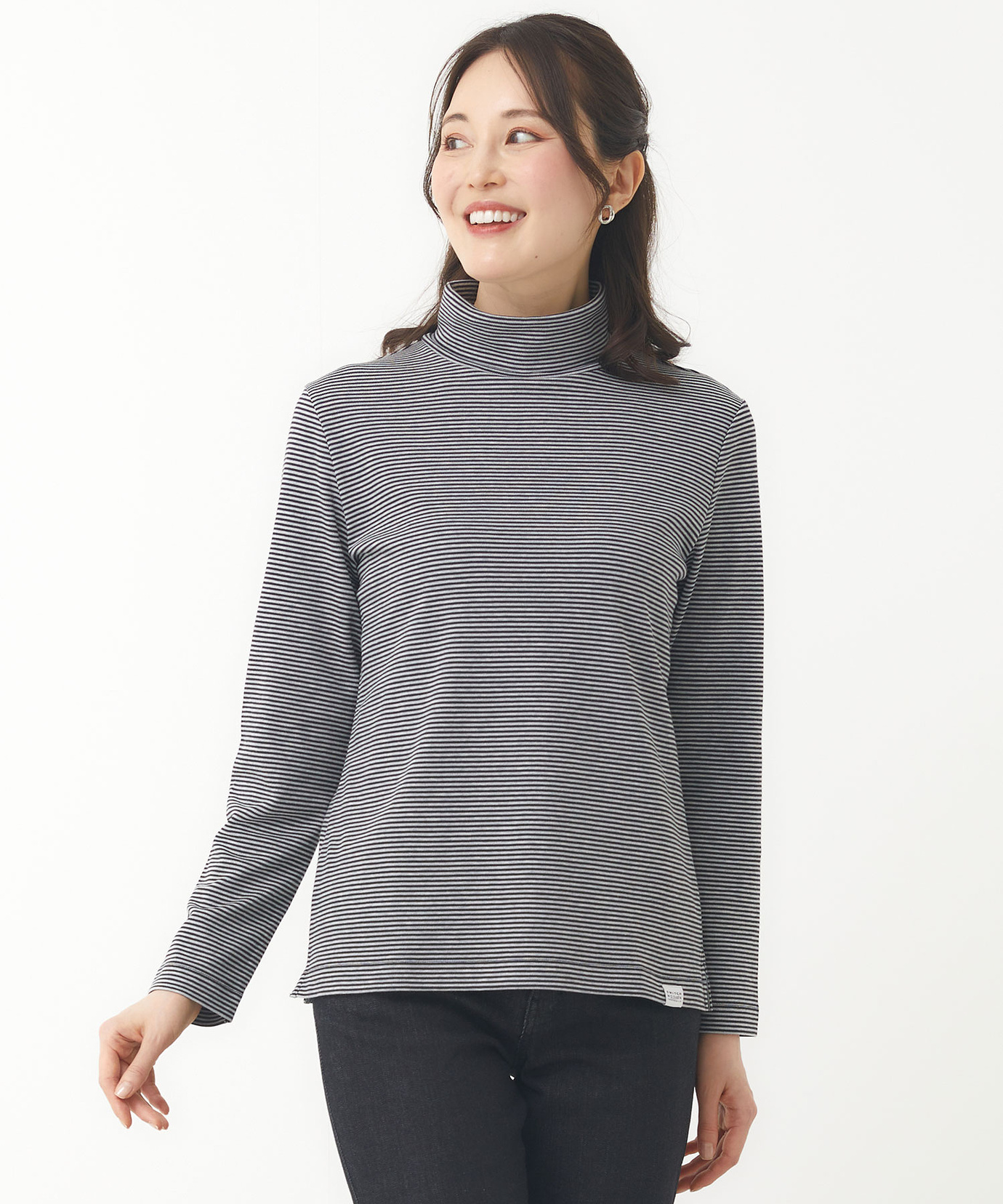 レディース コットンスムースボーダー タートルネック カットソー通販