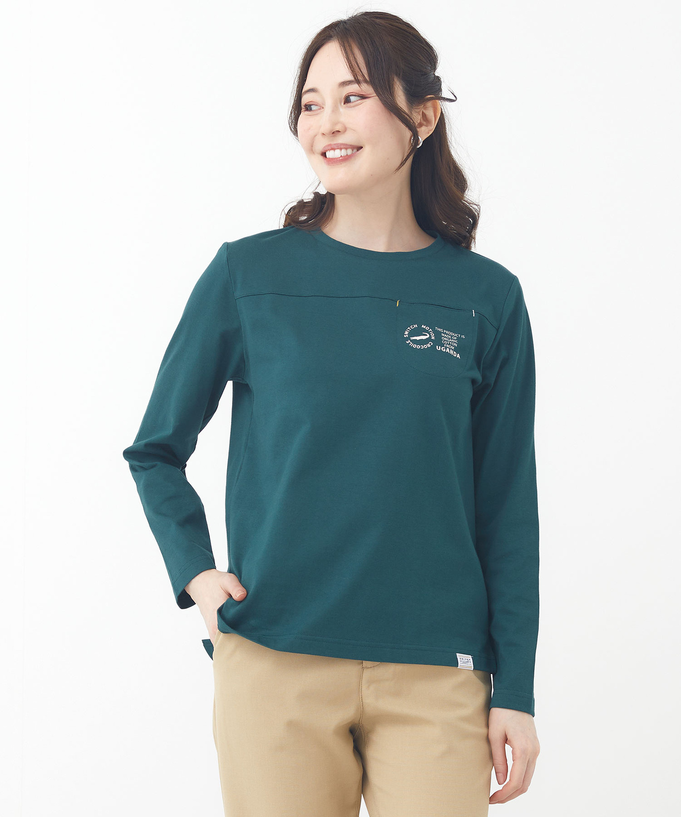 レディース クルーネック ポケット カットソー【ウガンダオーガニック