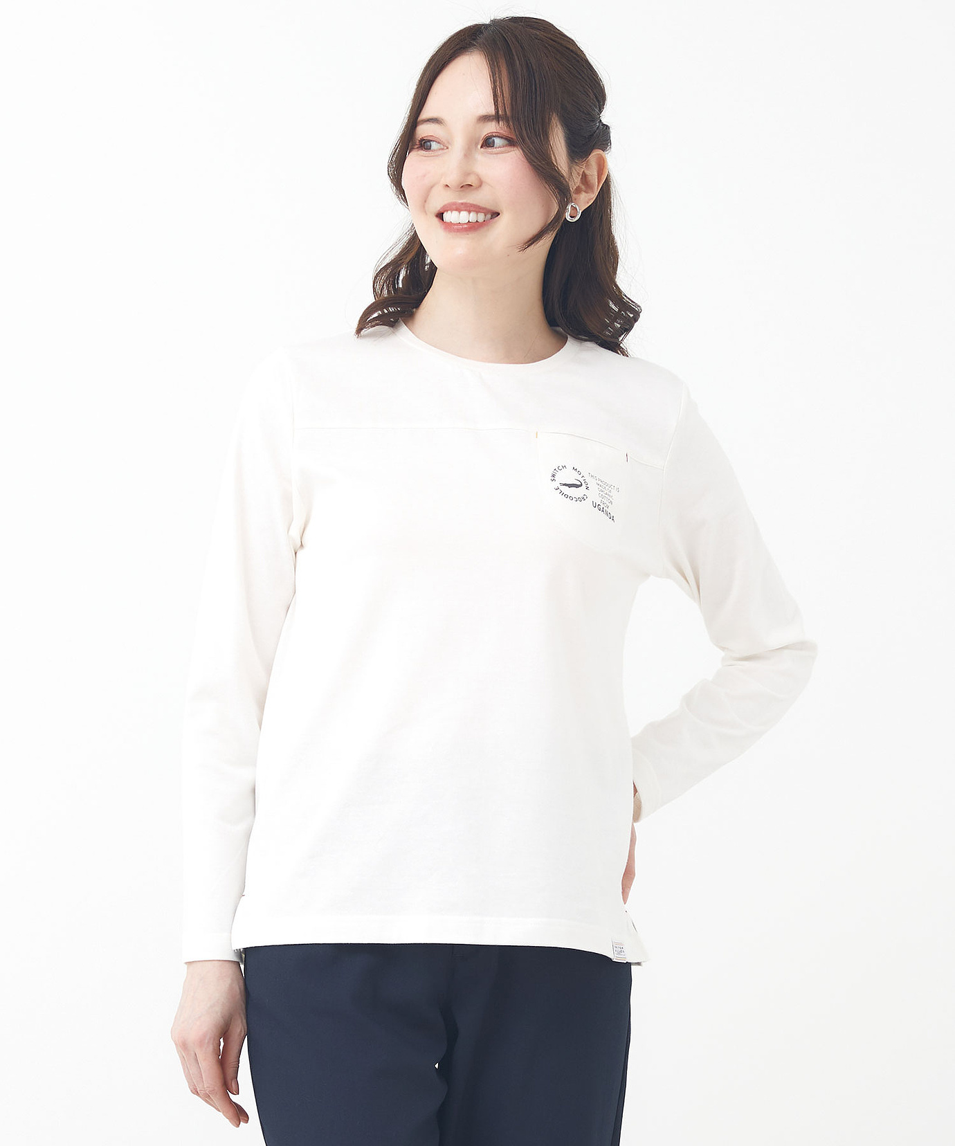 レディース クルーネック ポケット カットソー【ウガンダオーガニック