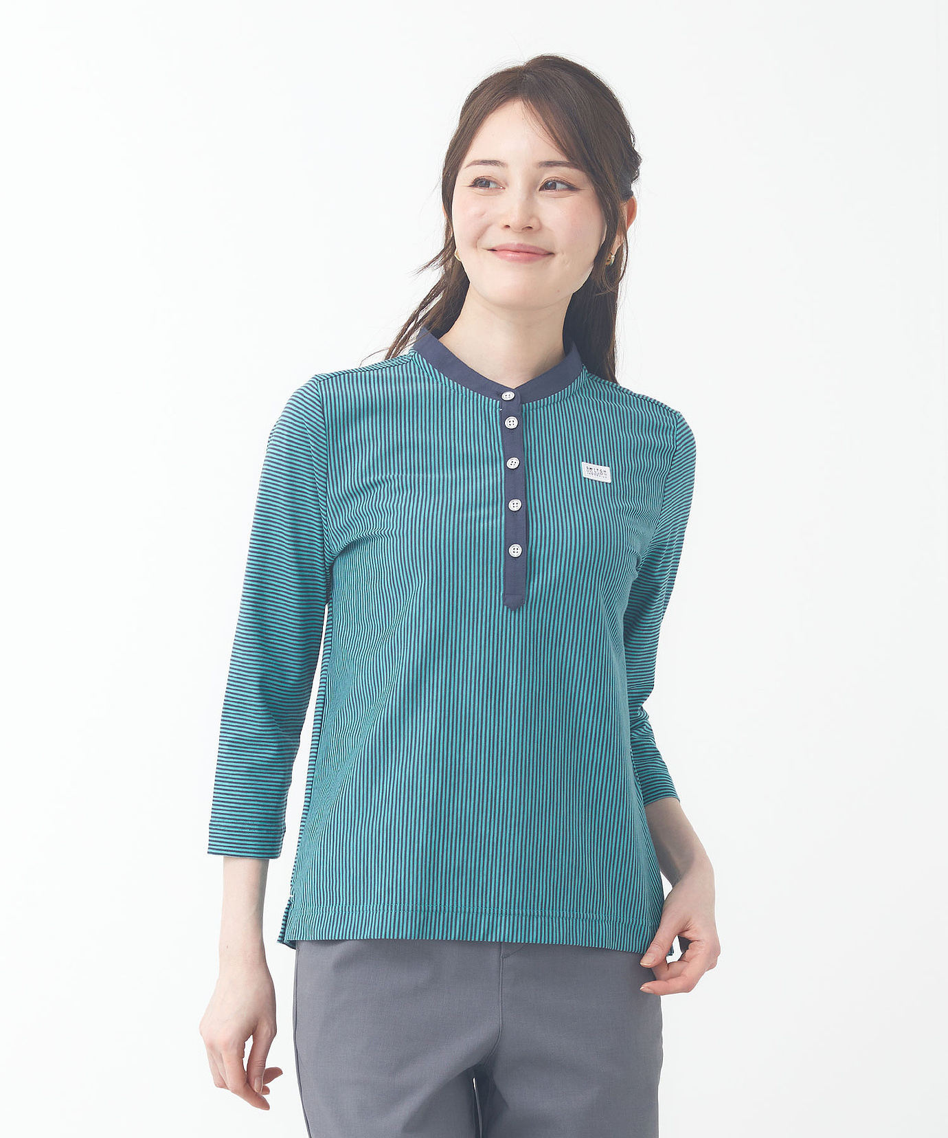 レディース スノーコットン バンドカラー 七分袖Tシャツ【接触冷感