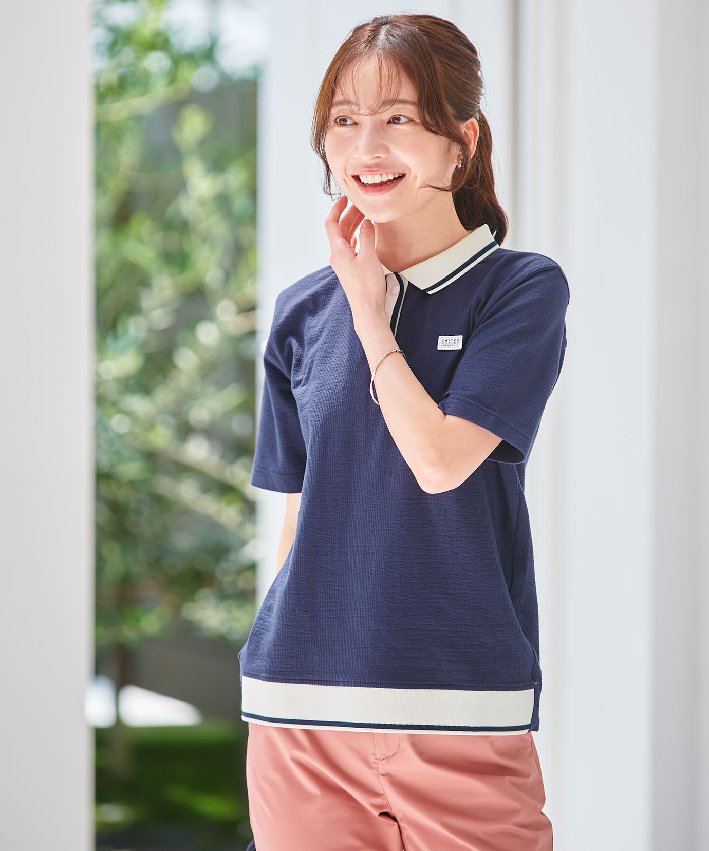 レディース スキッパーサッカー 配色ライン ポロシャツ通販 [2002