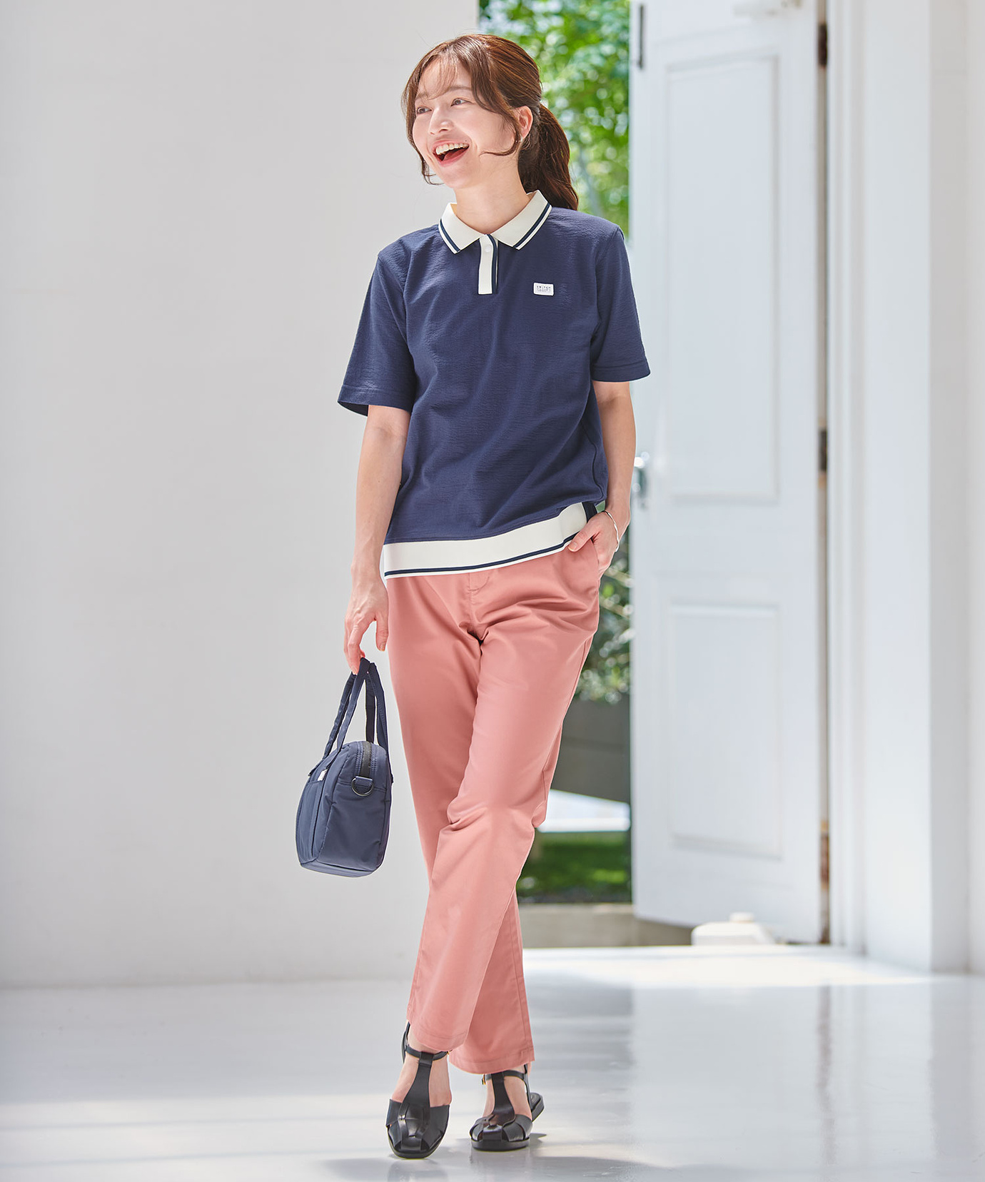 レディース スキッパーサッカー 配色ライン ポロシャツ通販 [2002