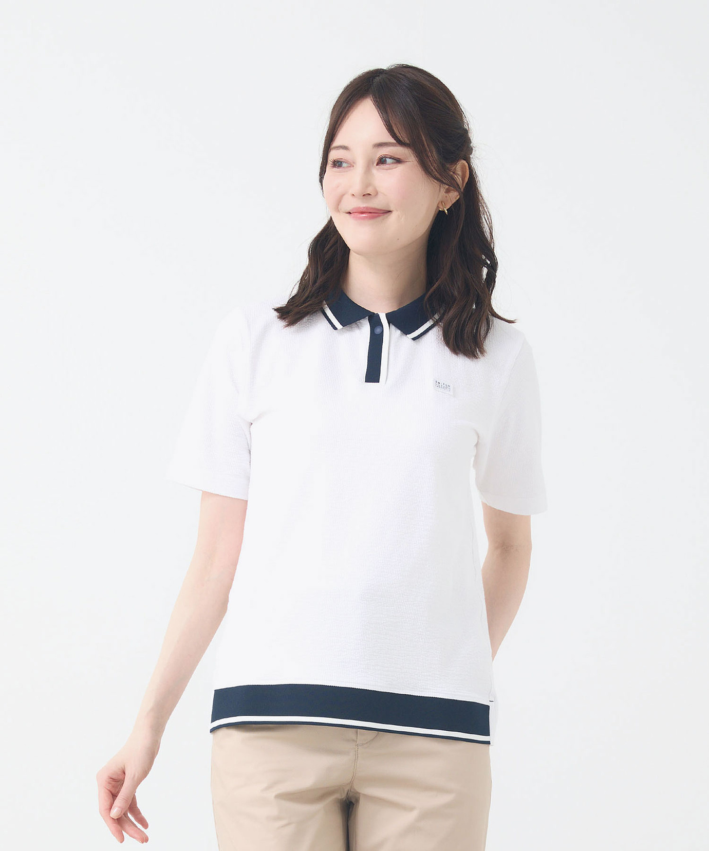 レディース スキッパーサッカー 配色ライン ポロシャツ通販 [2002