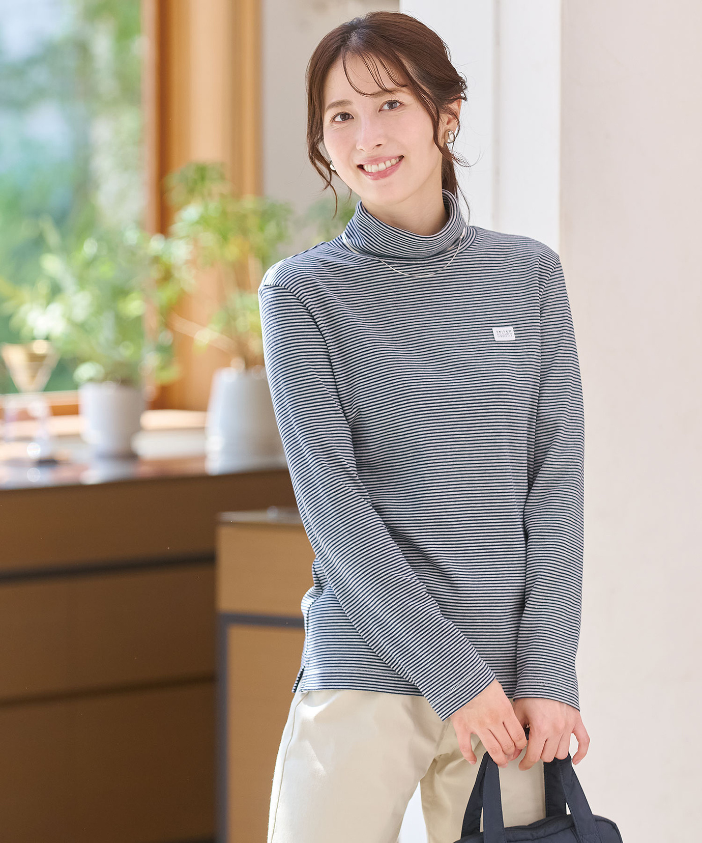 レディース コットンスムースボーダー タートルネック カットソー通販