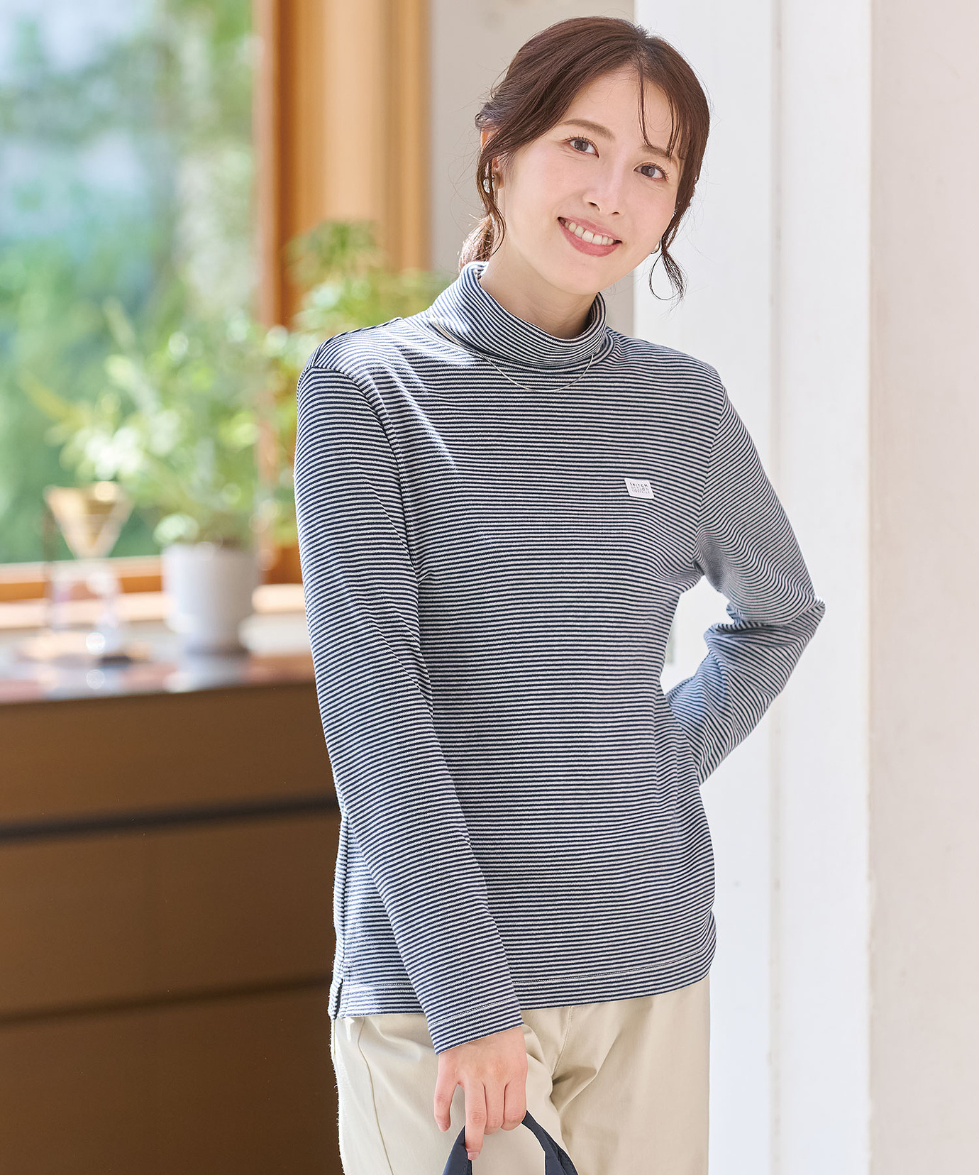 レディース コットンスムースボーダー タートルネック カットソー通販