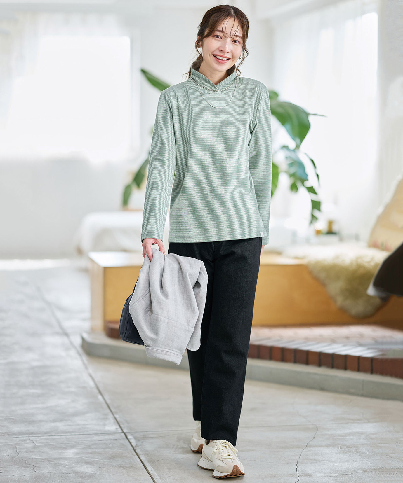 レディース 裏ボーダー ハイネック カットソー通販 [2002-55217