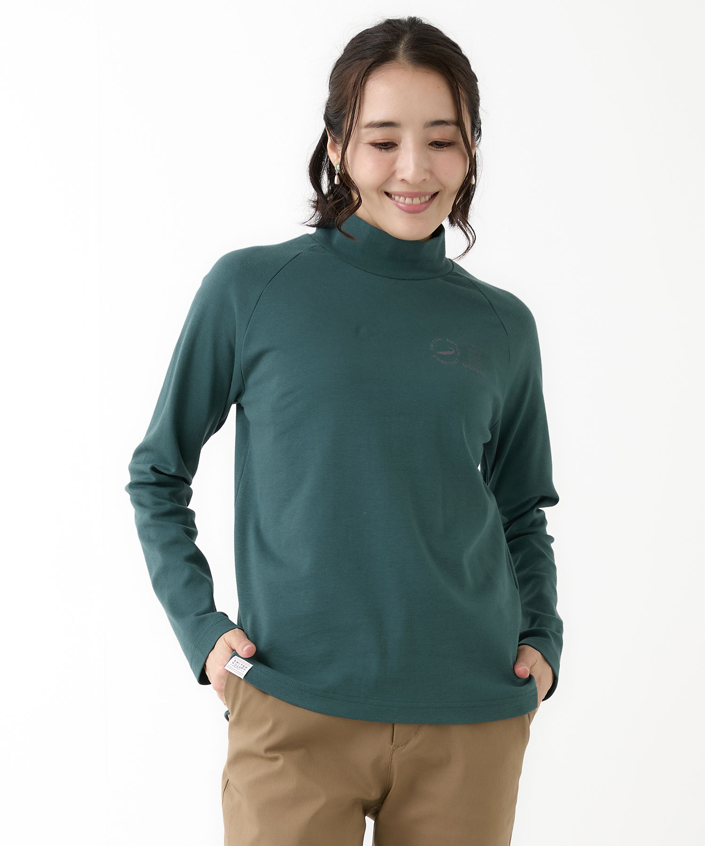 STONE  長袖カットソー グリーン レディース スムース ハイネック カットソー 【ウガンダ オーガニック