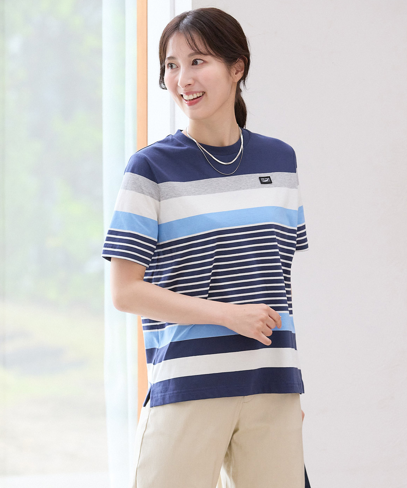 レディース スノーコットン 天竺 パネルボーダー Tシャツ【接触冷感