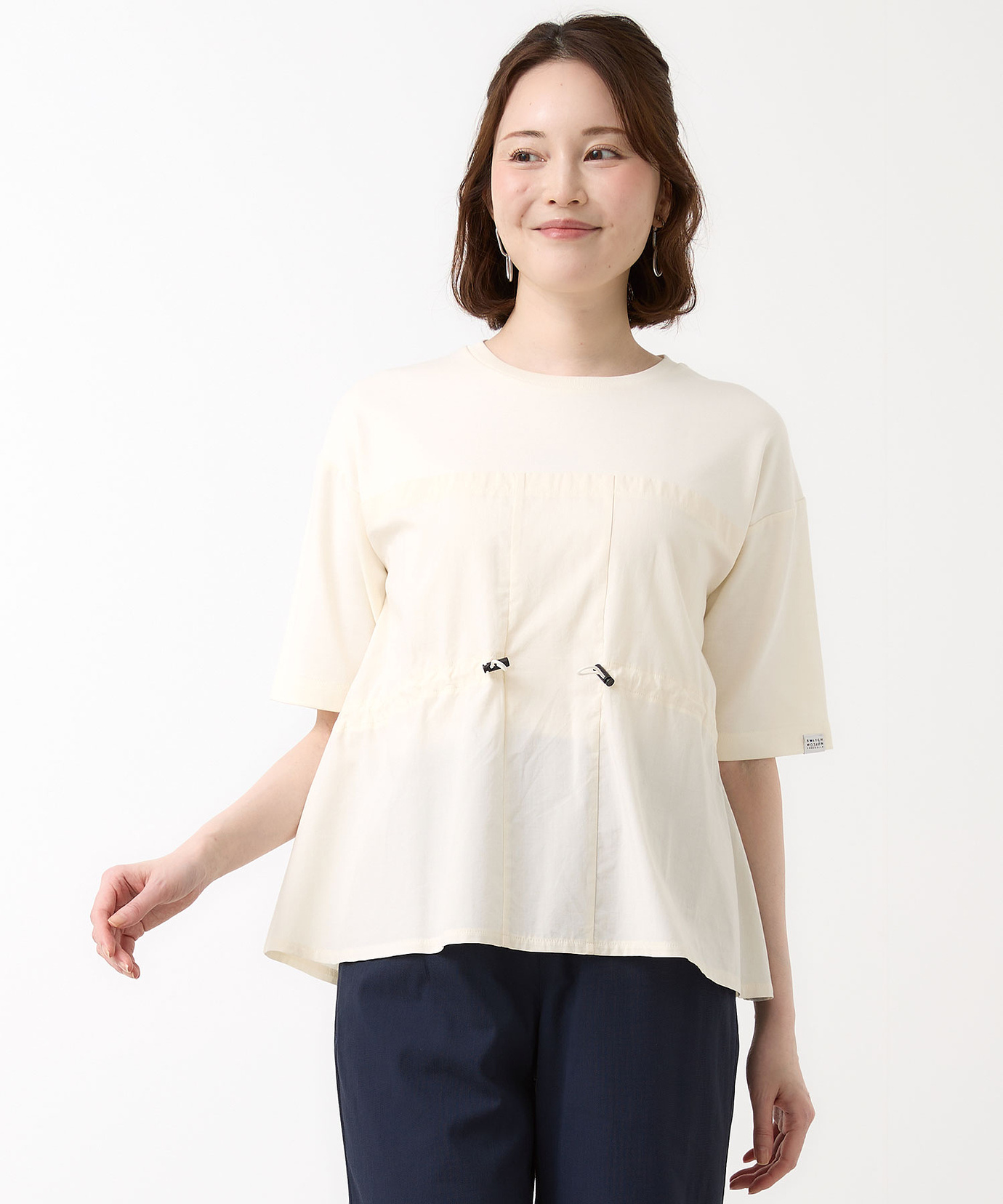 レディース プレーティング天竺 異素材ドッキング 5分袖Tシャツ【吸汗