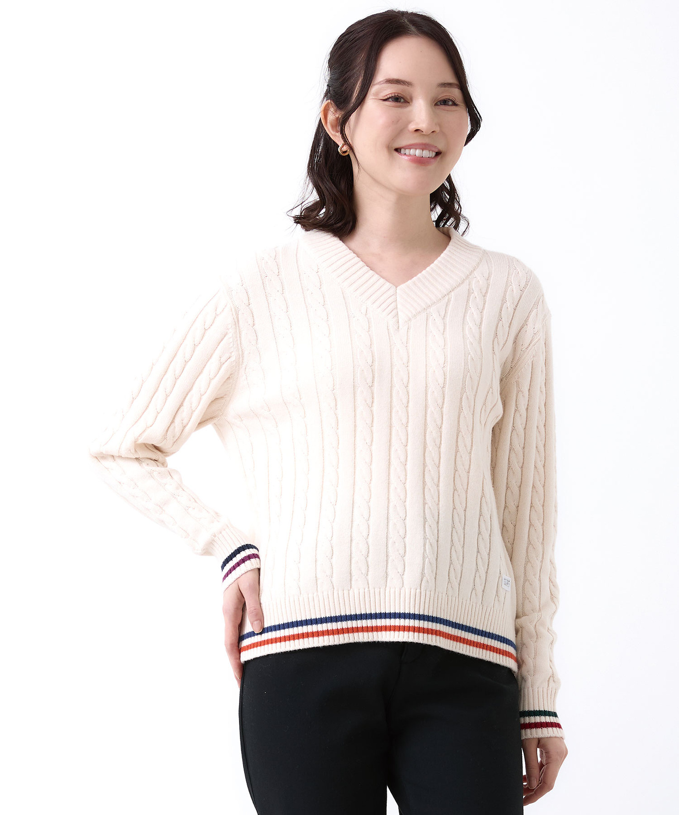 14964エブール Vネック 編みニット ウールカシミヤ ブラウン 白ライン F 美品✨エブール Vネック 編みニット ウールカシミヤ ブラウン 白ライン F