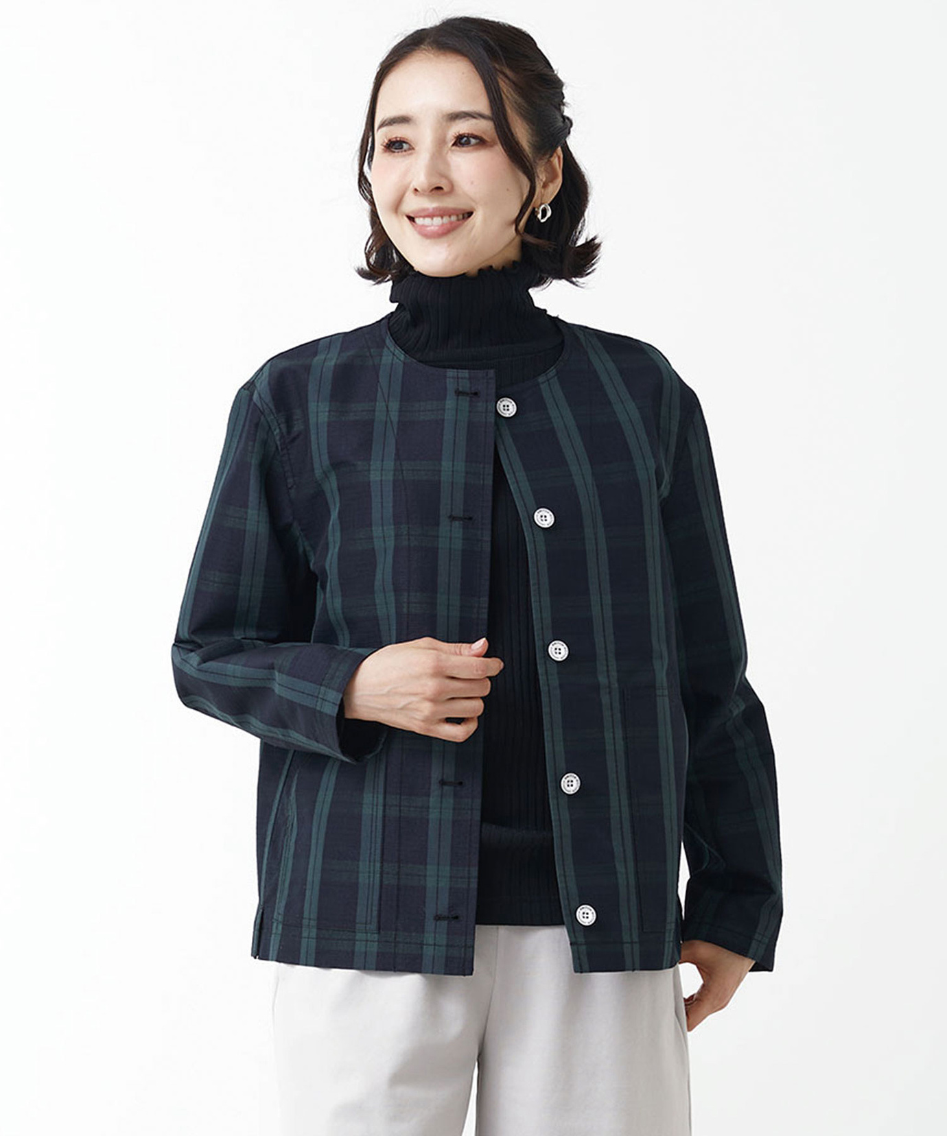 レディース チェック柄 ノーカラー ジャケット 【手洗いOK】通販 [2004