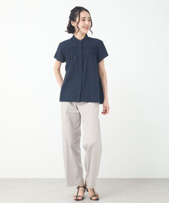 レディース ギャザーデザイン バンドカラー ブラウス【一部店舗限定