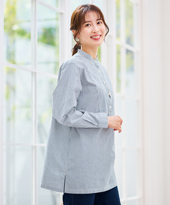 レディース ストライプ切り替え バンドカラー チュニック【オンライン