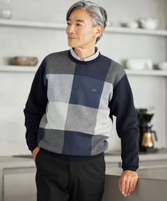 メンズ カシミヤブレンド ブロックチェック ニット【手洗いOK】通販
