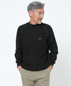 メンズ ウールブレンド ケーブル柄 モックネック ニット【手洗いOK