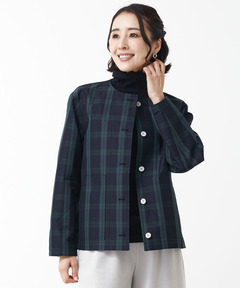 レディース チェック柄 ノーカラー ジャケット 【手洗いOK】通販 [2004