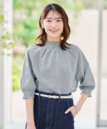2WAY ギンガムチェック 七分袖 ブラウス