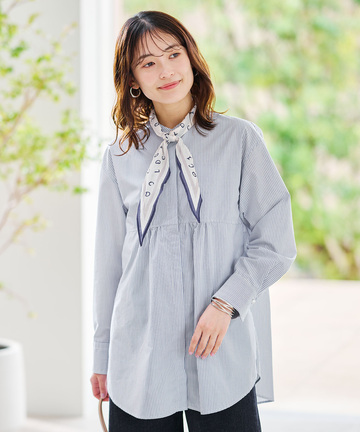 ギャザーデザイン ストライプ柄 チュニック