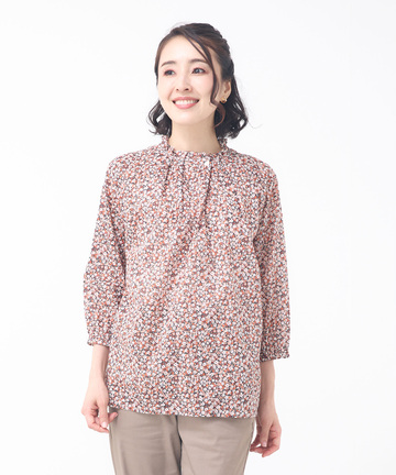 小花柄プリント 七分袖 ギャザーブラウス　【JAPAN FABRIC】