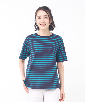 柄編み襟 ボーダー Tシャツ