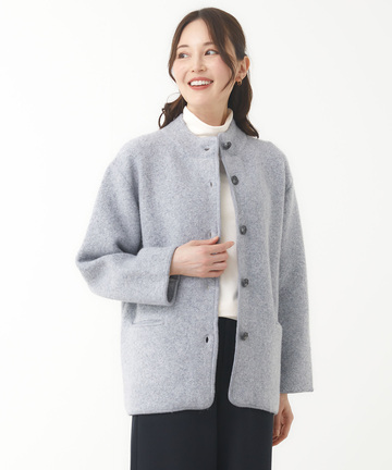 ウールブレンド スタンドカラー ニットコート
