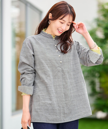 ダブルガーゼ バンドカラー チュニック