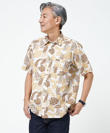 スノーリネン サッカー リーフ柄シャツ【接触冷感】