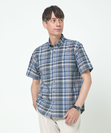 リネンブレンド チェック柄 シャツ【吸汗速乾】【シワになりにくい】