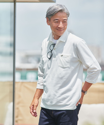 シャドーボーダー柄 七分袖 ポロシャツ【吸汗速乾】