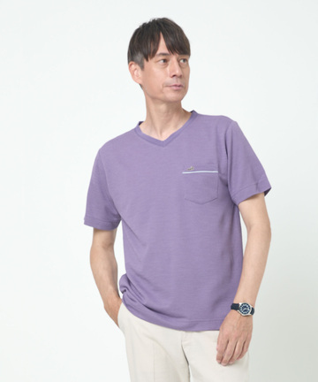 シャドーギンガムチェック柄 Vネック Tシャツ【吸汗速乾】