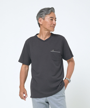 シャドーギンガムチェック柄 Vネック Tシャツ【吸汗速乾】