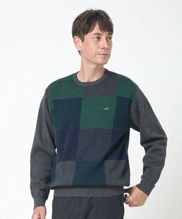 ブロックチェック柄 配色 ニット【手洗いOK】