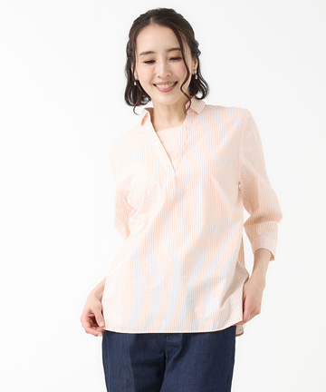 スノーコットン ストライプ スキッパー ブラウス【接触冷感】
