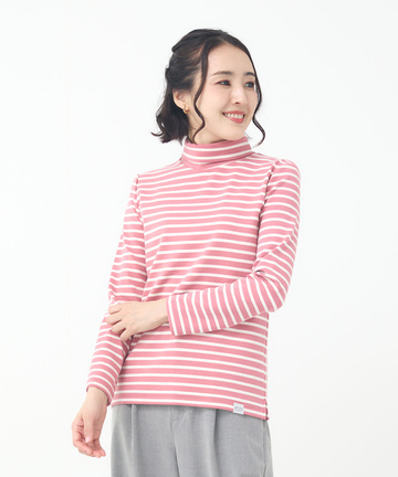 起毛ボーダー タートルネックカットソー