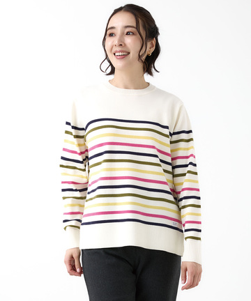 ウールブレンド パネルボーダー柄 ニット【手洗いOK】