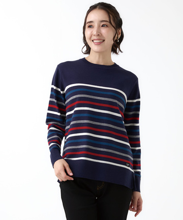 ウールブレンド パネルボーダー柄 ニット【手洗いOK】