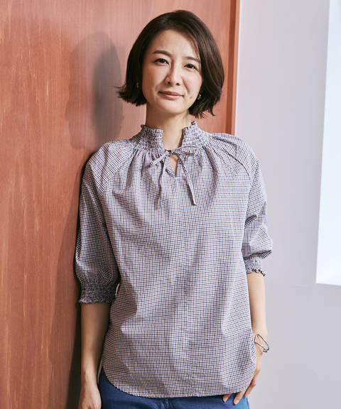 2WAY ギンガムチェック 七分袖 ブラウス