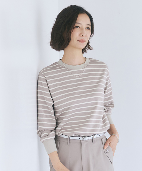 レディース リブ切り替え ボーダー ロングTシャツ通販 [0202-65255
