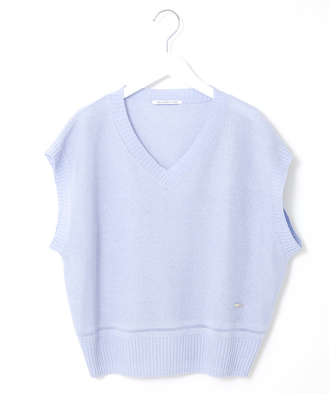 プランジングネックニットベスト　ホワイト レディース リネンブレンド Vネック ニットベスト通販 [0203-51351