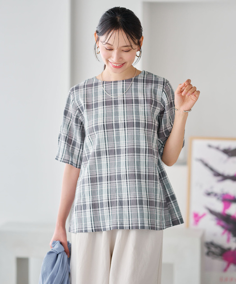 【美品】リネン　チェック　シャツ　ブラウス レディース リネンブレンド チェック ブラウス【オンラインショップ
